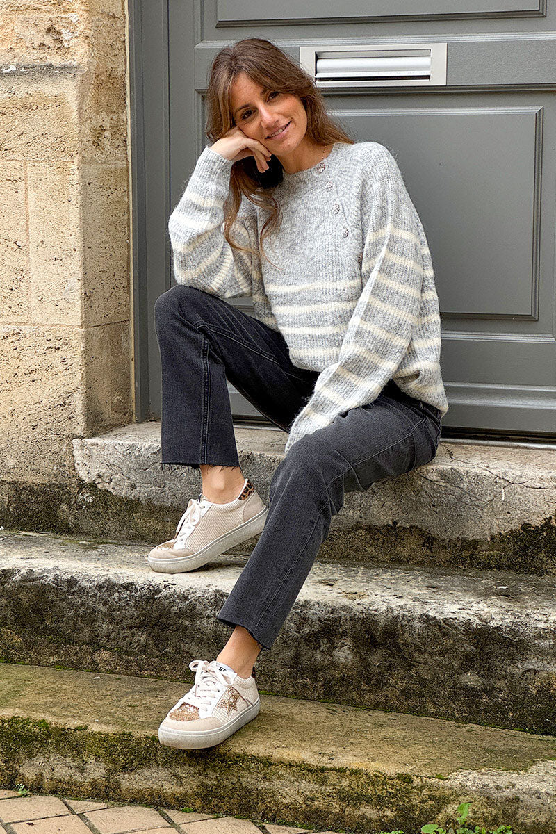 Gray/Cream Stripe Wool Blend Sweater with Button Detail