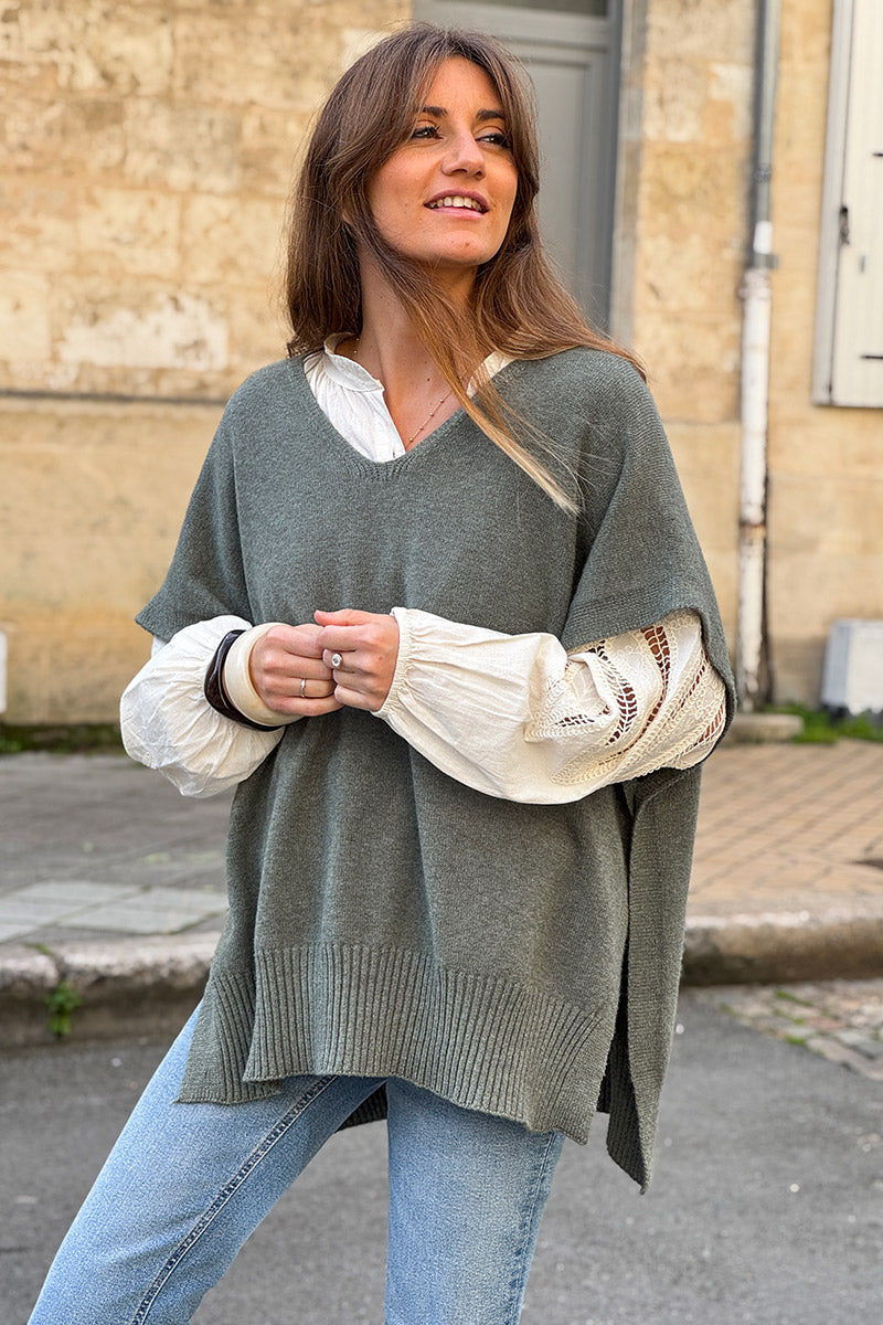 Olive Slouchy Knit Poncho Vest