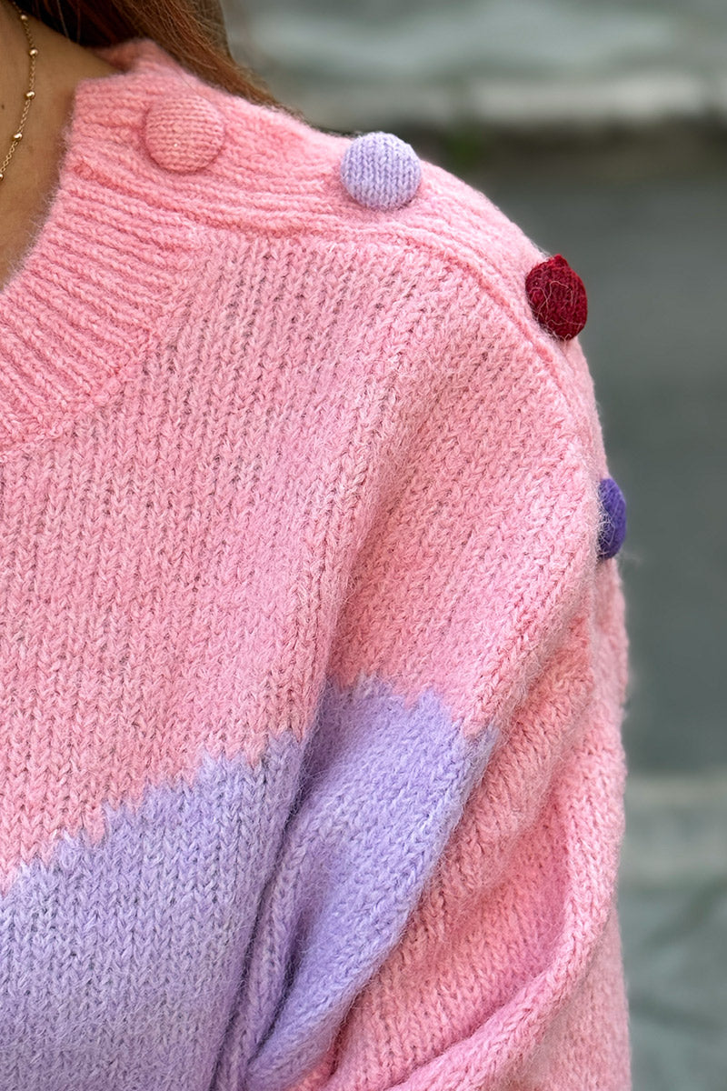 Pink Abstract Art Sweater with Buttons