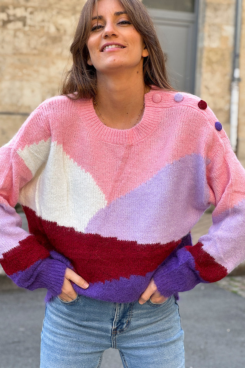 Pink Abstract Art Sweater with Buttons