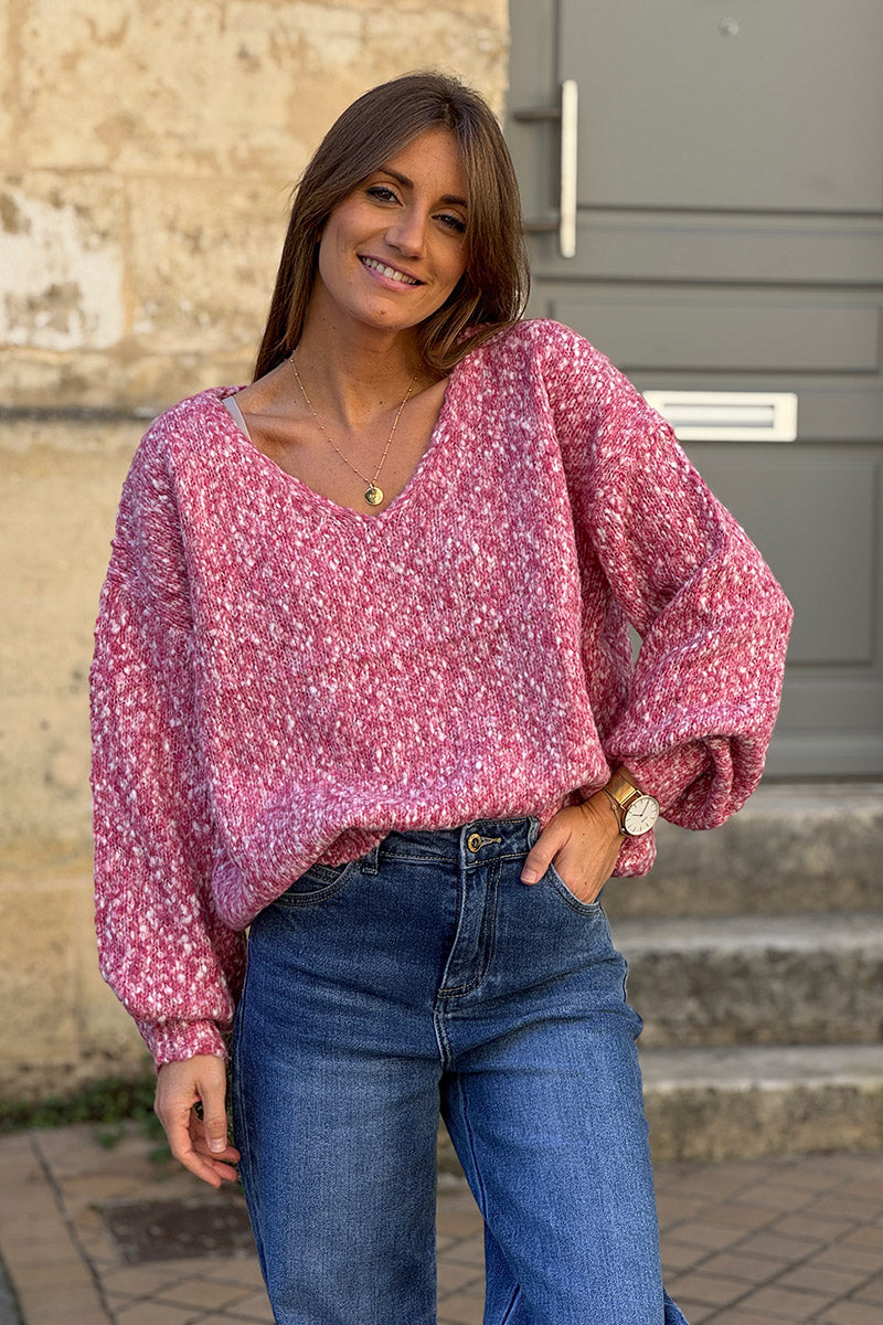 Pull moelleux rose en maille chinée col v