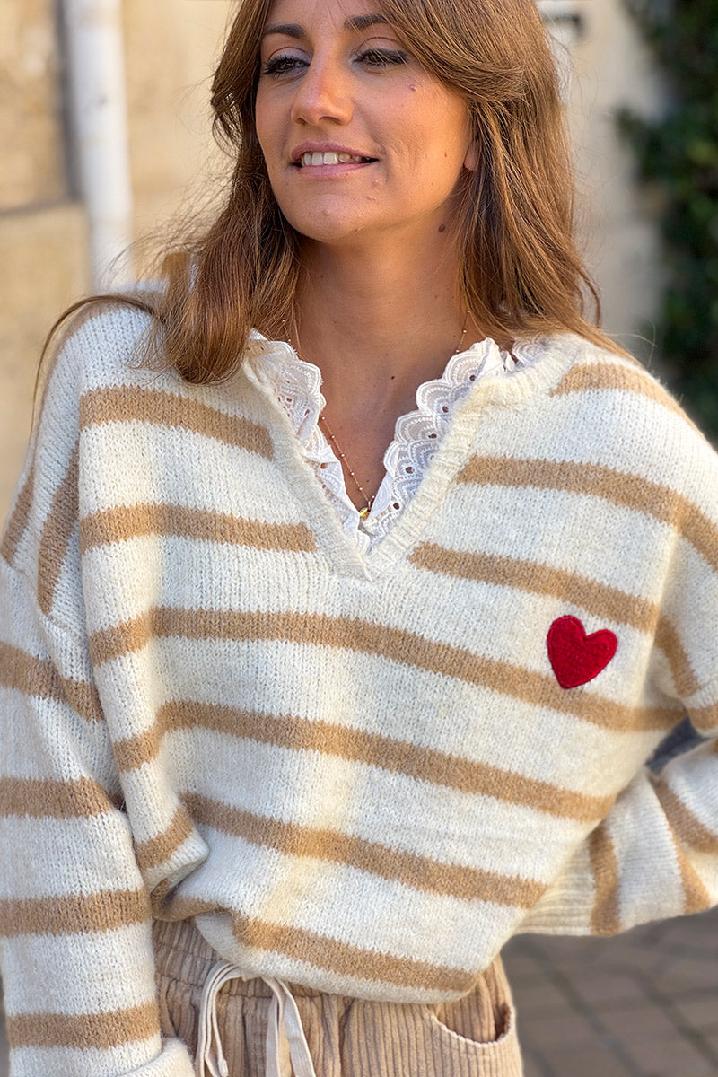 Beige Stripe Vintage Heart Sweater