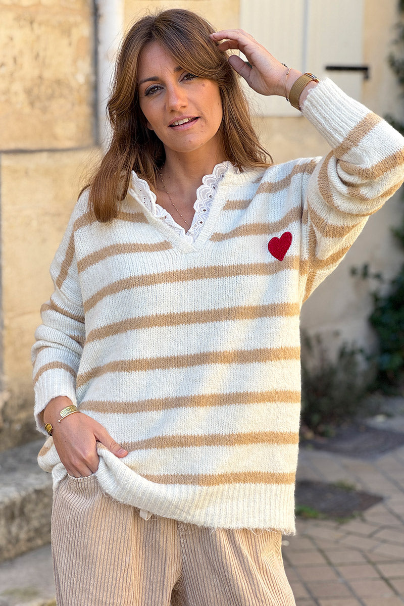 Beige Stripe Vintage Heart Sweater