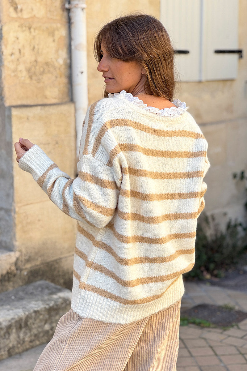 Beige Stripe Vintage Heart Sweater