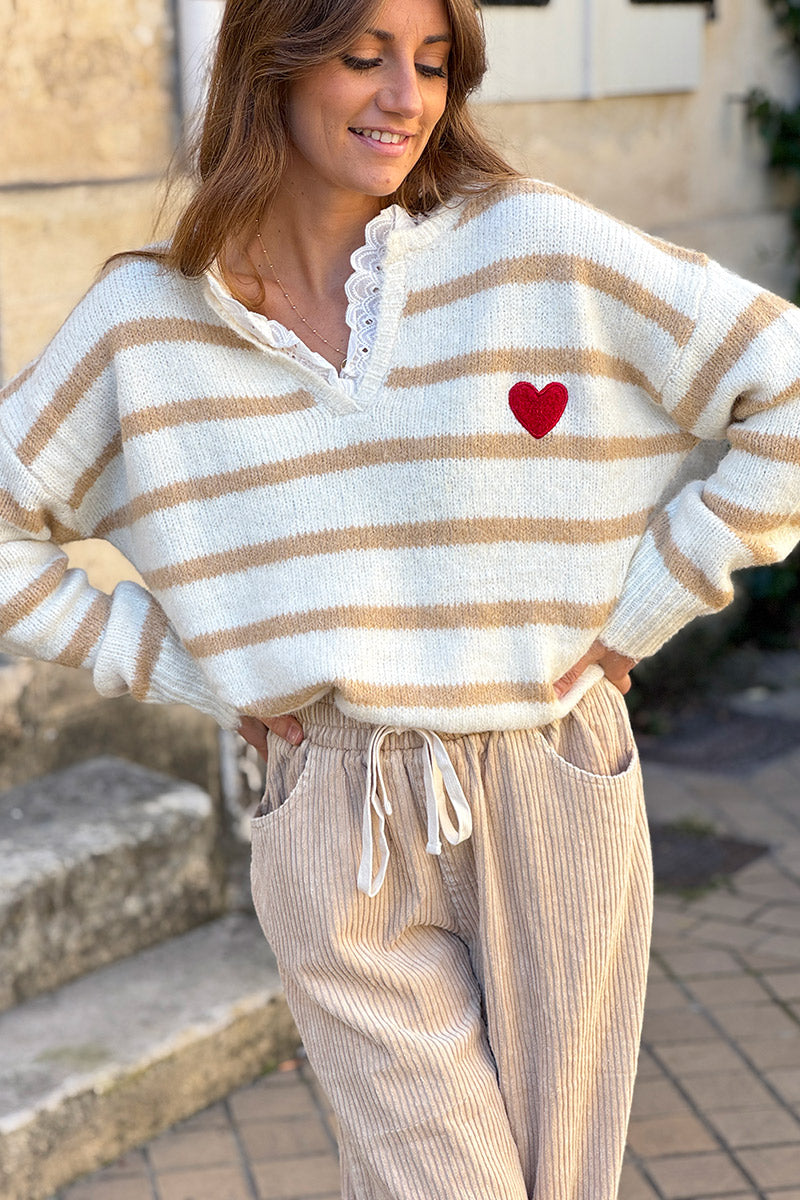 Beige Stripe Vintage Heart Sweater