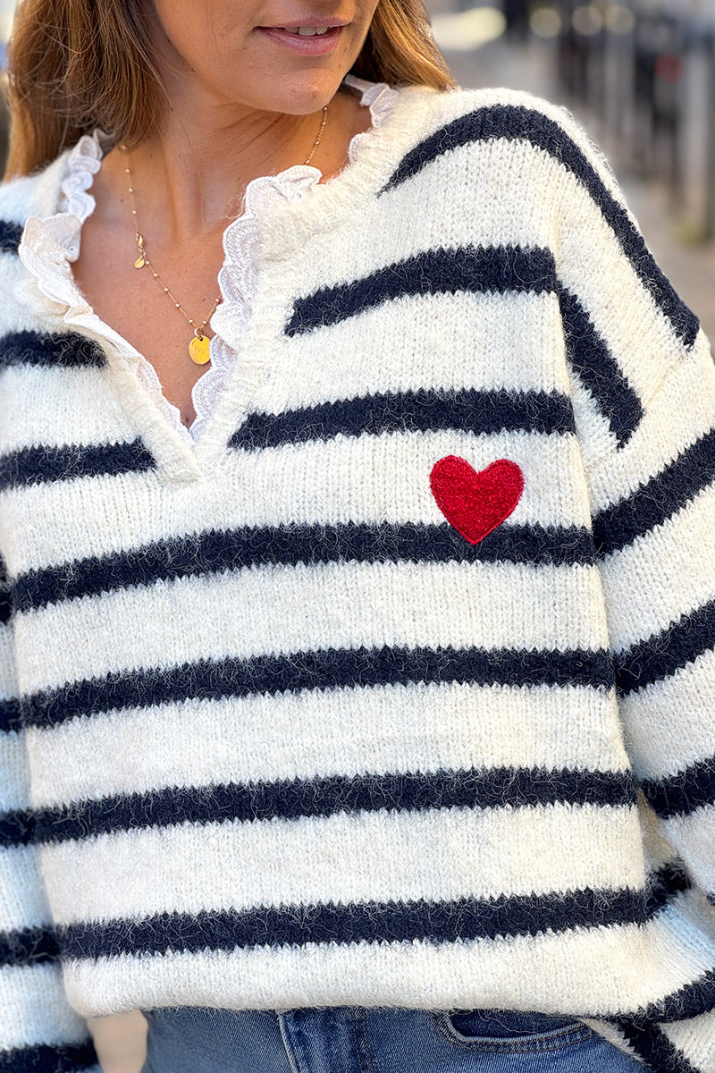 Navy Blue Stripe Vintage Heart Sweater