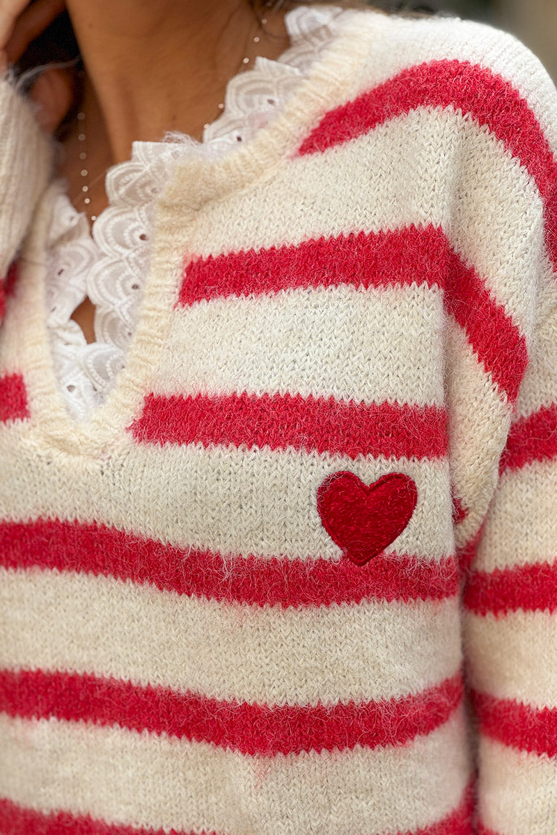 Red Stripe Vintage Heart Jumper