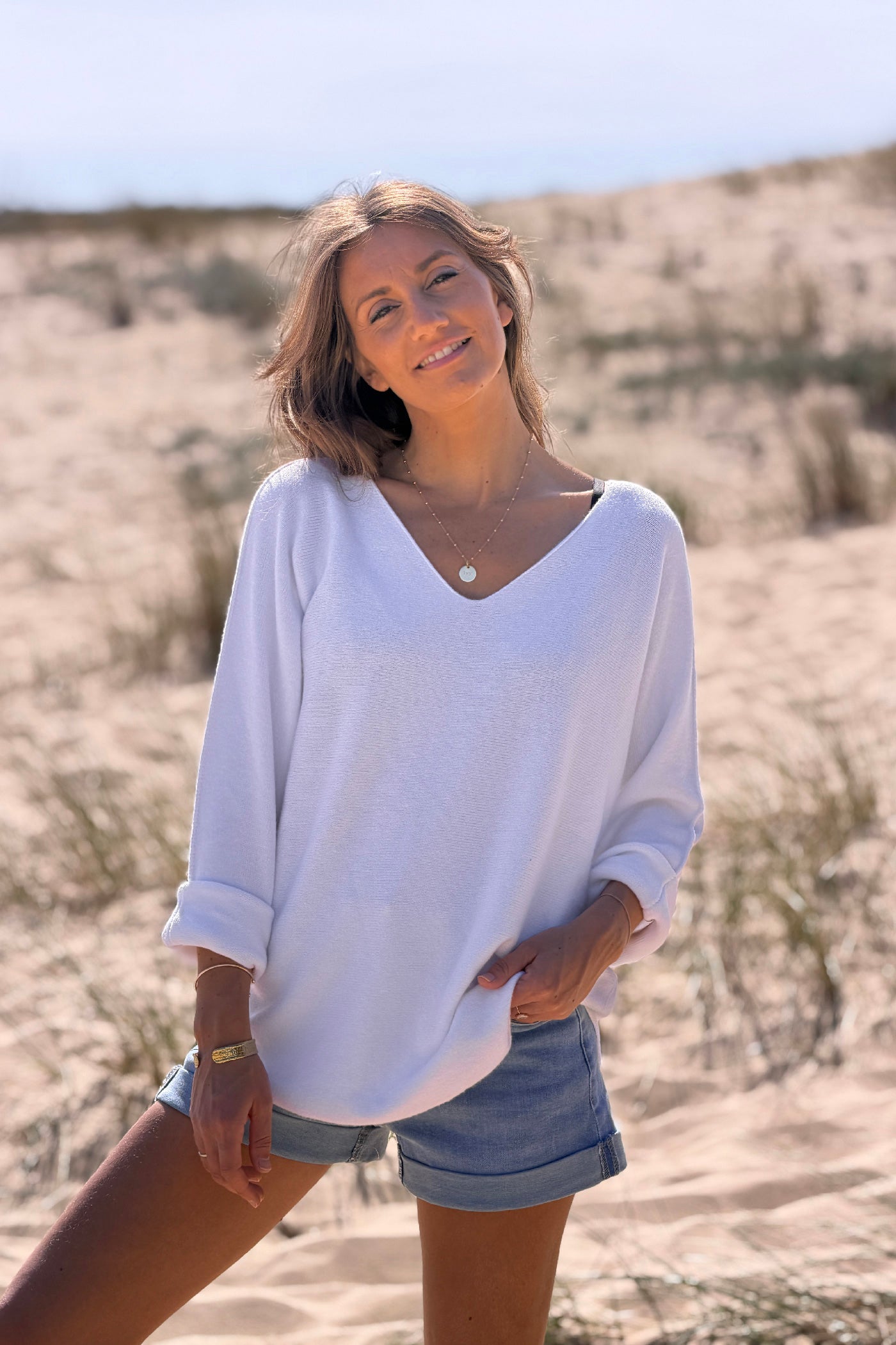 White Coastal Knit Long-Sleeve Top