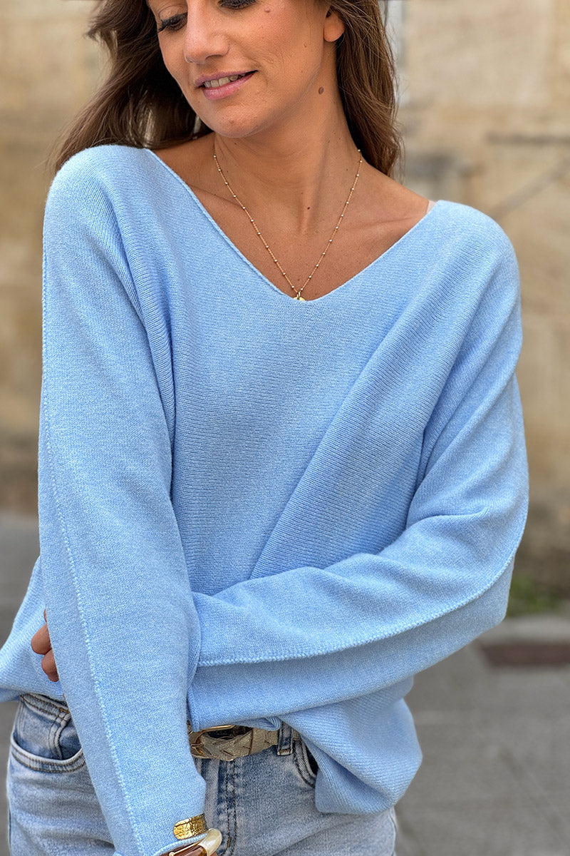 Pull moelleux tout doux bleu ciel col v
