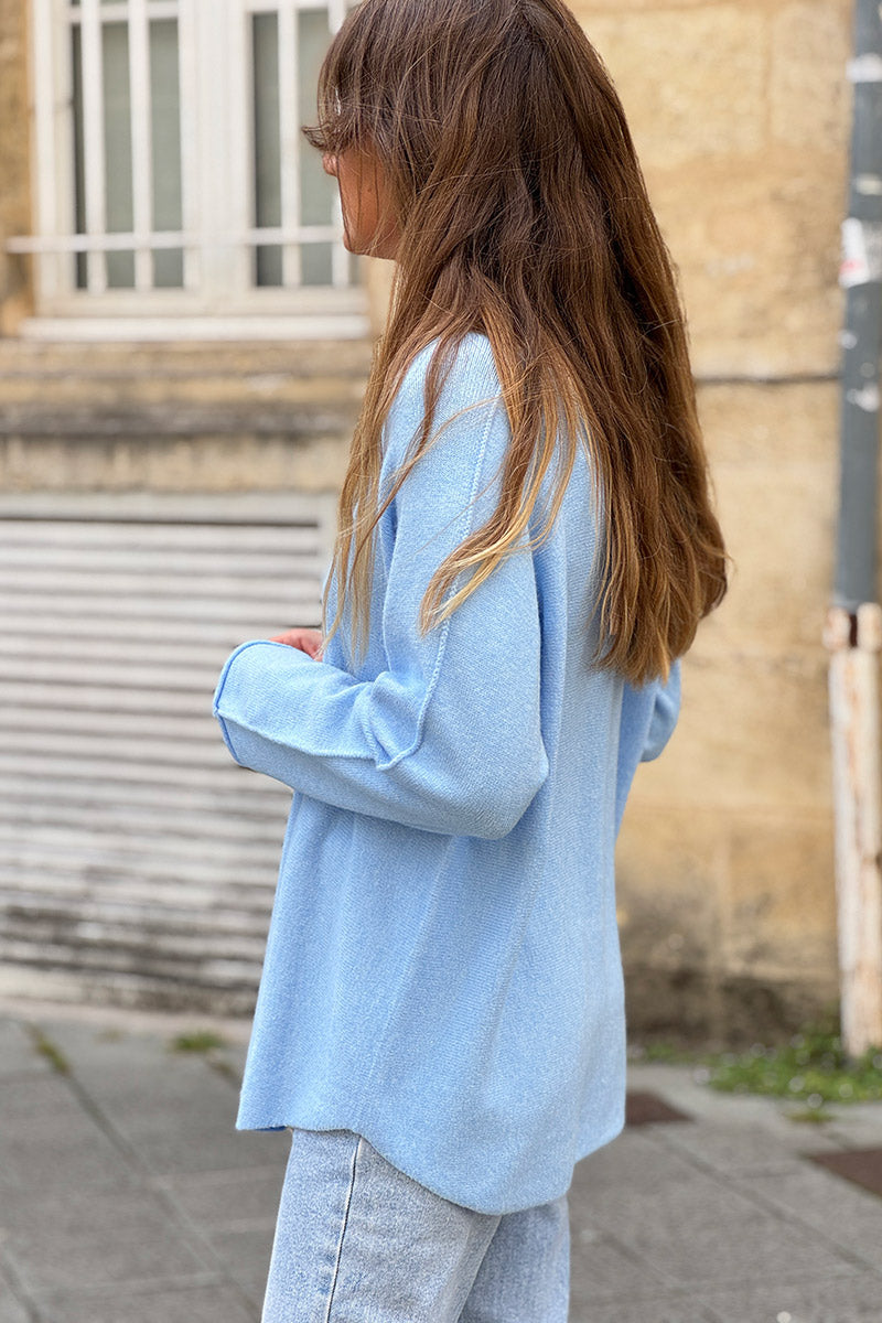 Pull moelleux tout doux bleu ciel col v