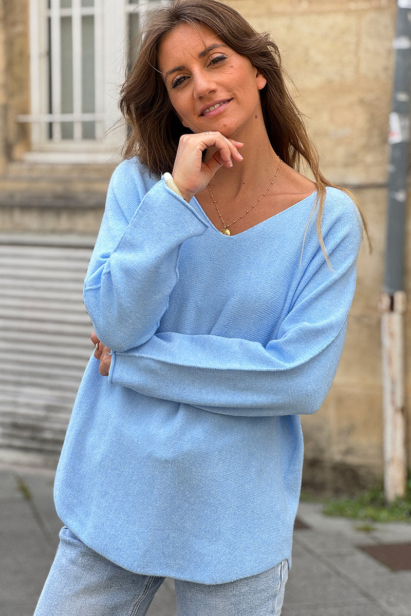 Pull moelleux tout doux bleu ciel col v
