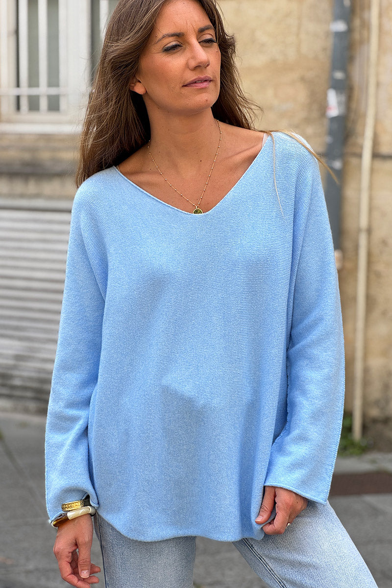 Pull moelleux tout doux bleu ciel col v