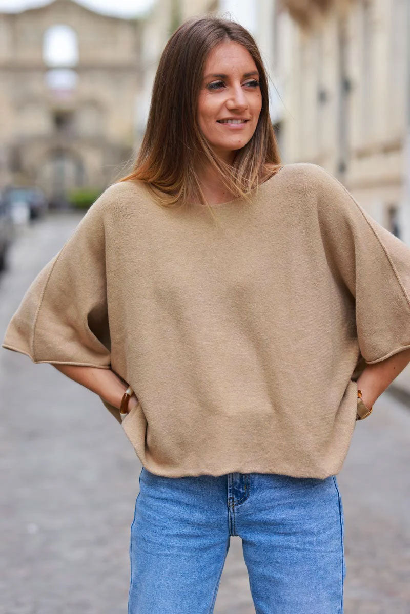 Light Camel Knit Batwing Blouse