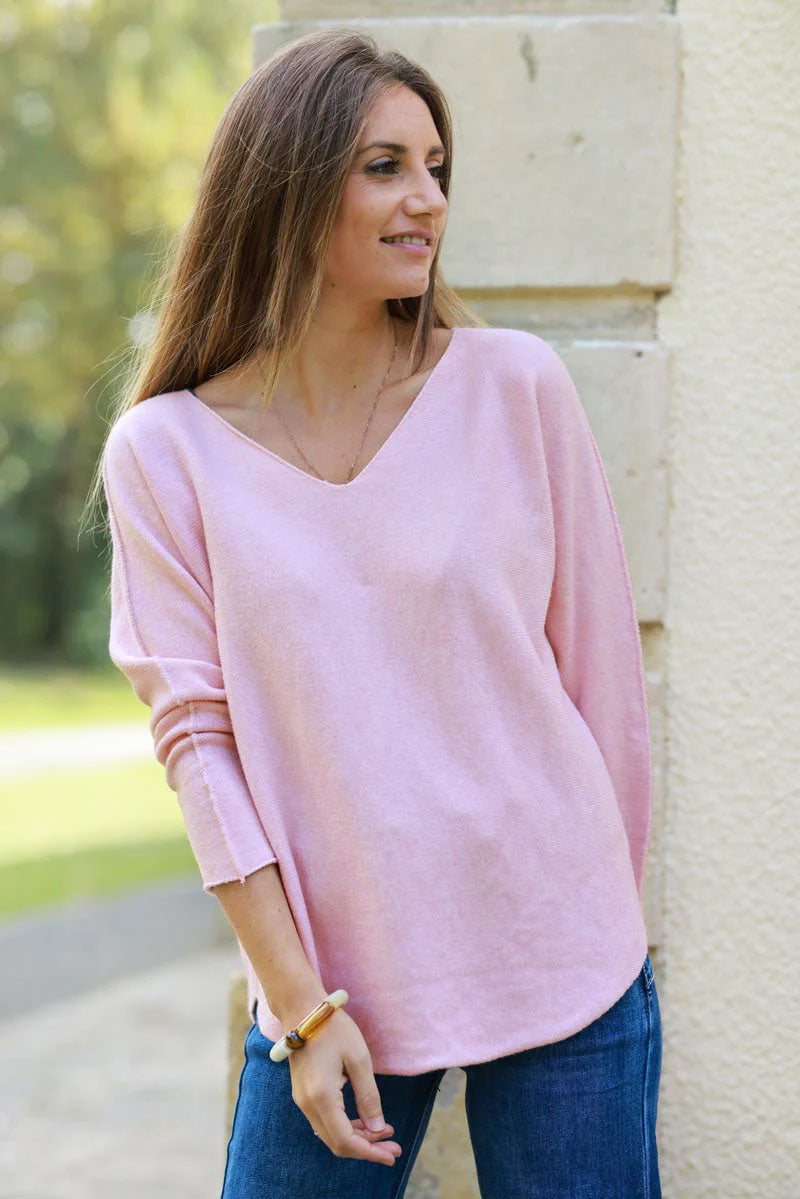 Pull moelleux tout doux rose pâle col v