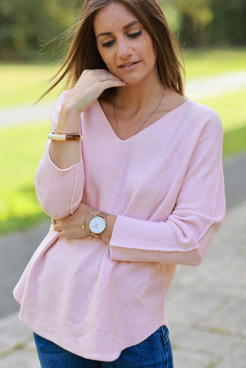 Pull moelleux tout doux rose pâle col v