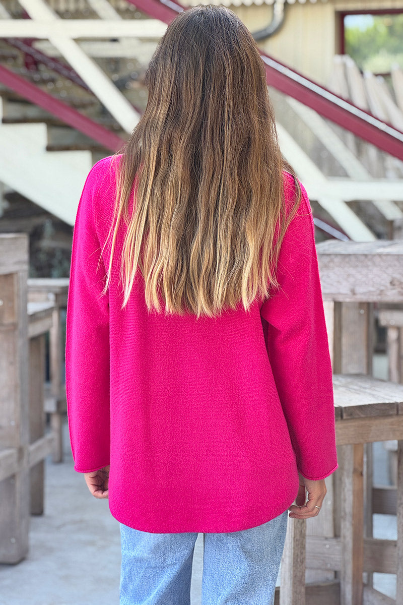 Pull moelleux tout doux fuchsia col v