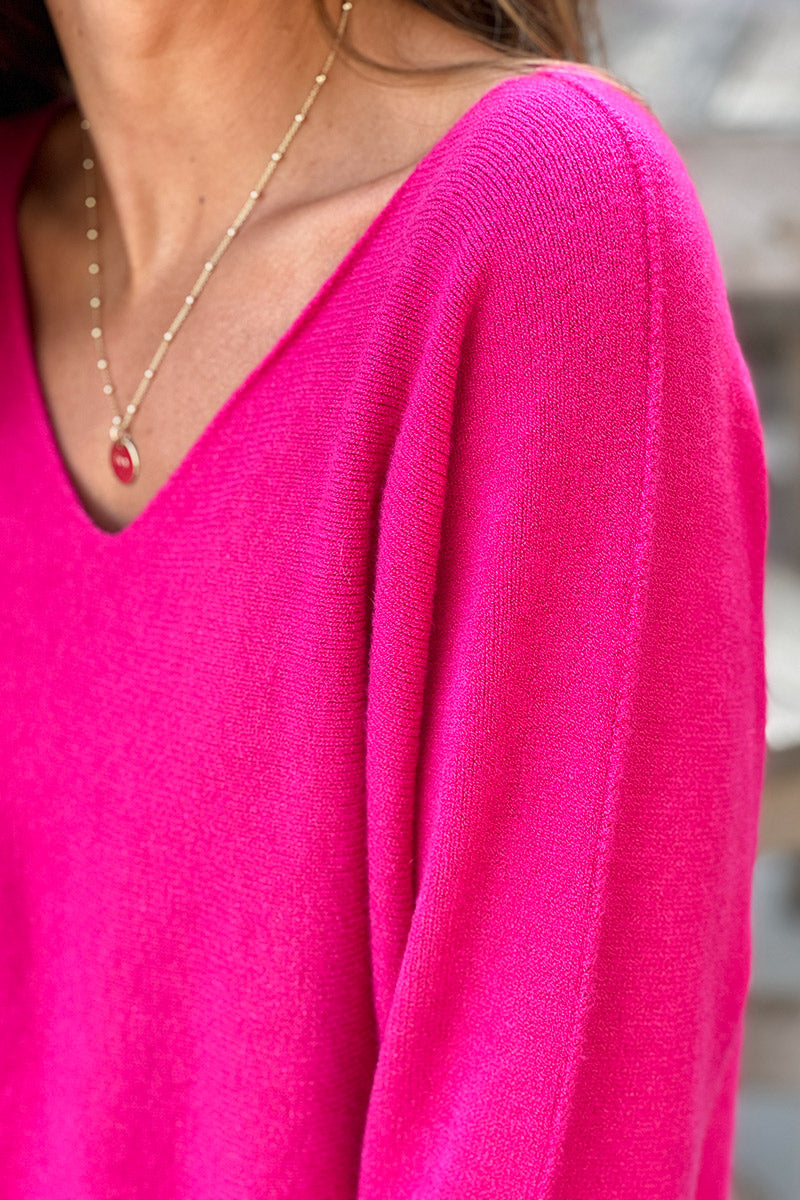 Pull moelleux tout doux fuchsia col v