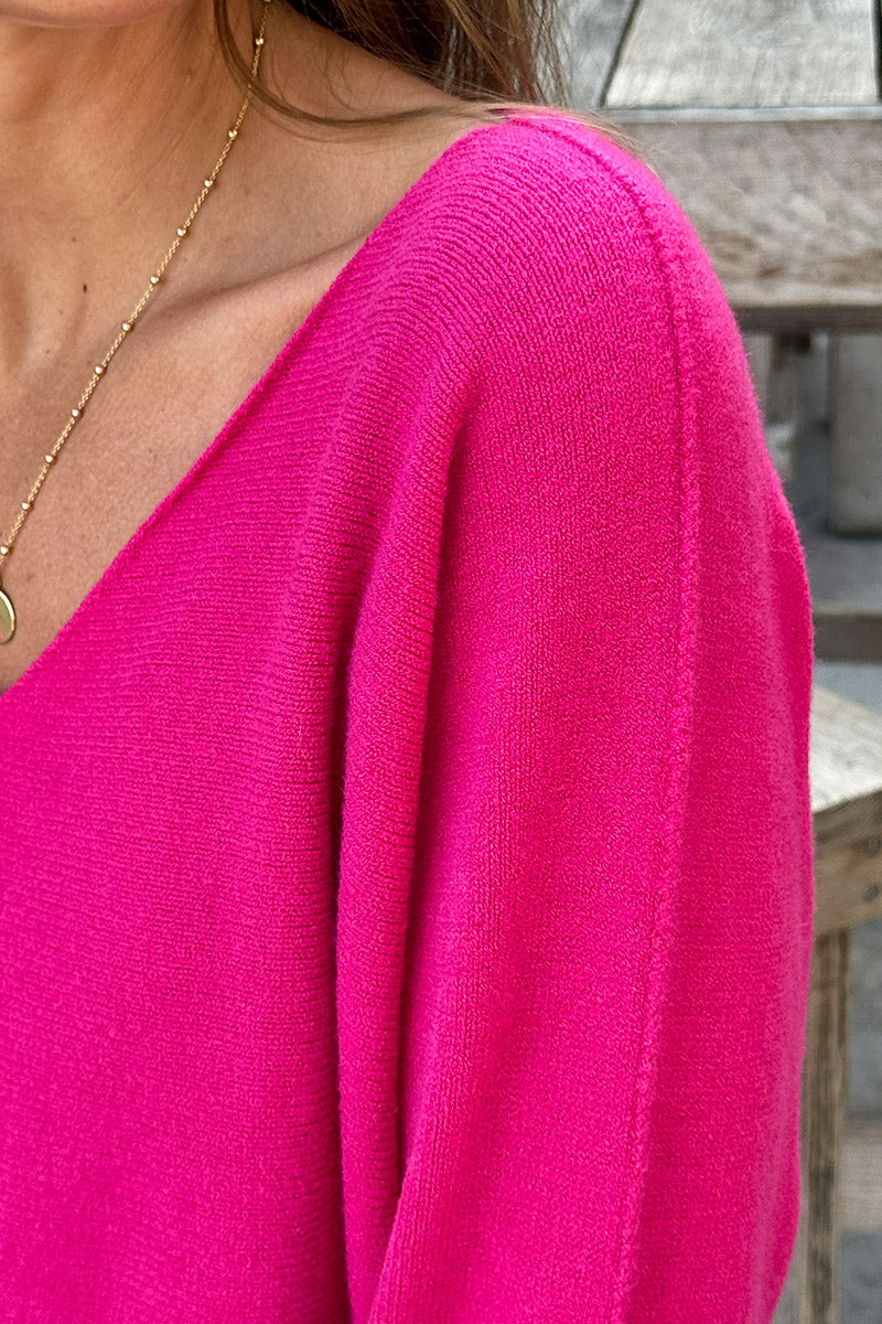 Pull moelleux tout doux fuchsia col v