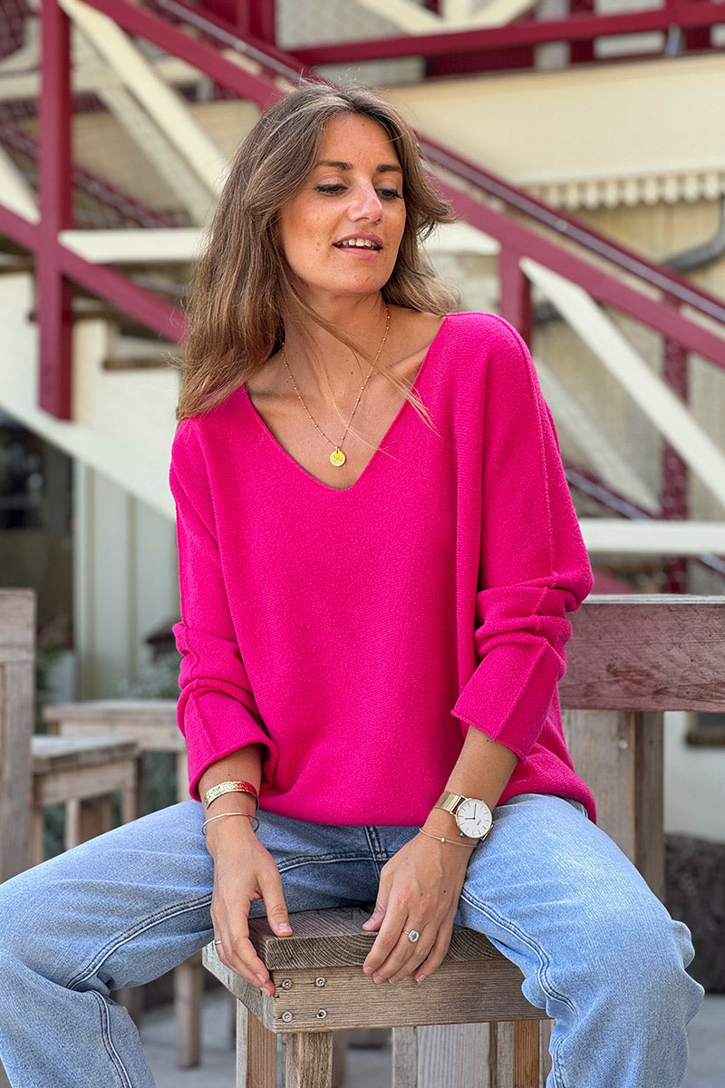 Pull moelleux tout doux fuchsia col v