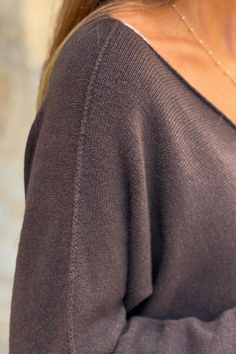 Pull moelleux tout doux marron chocolat col v