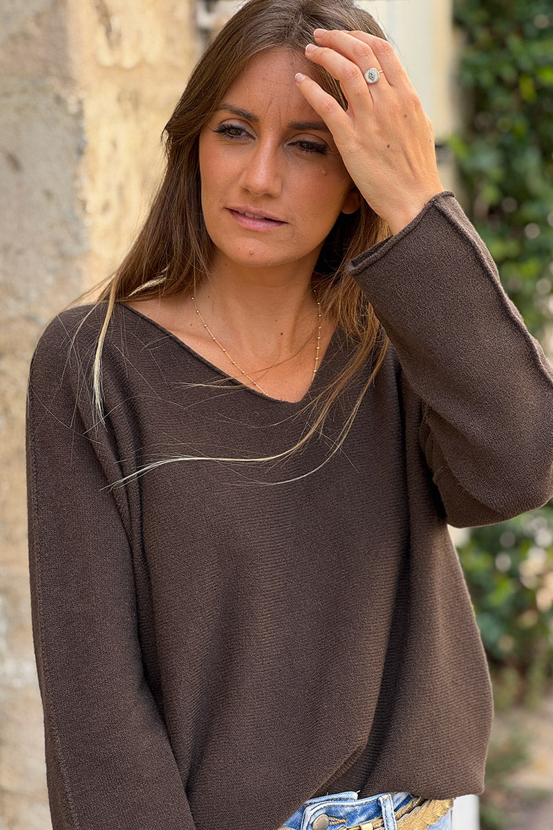 Pull moelleux tout doux marron chocolat col v