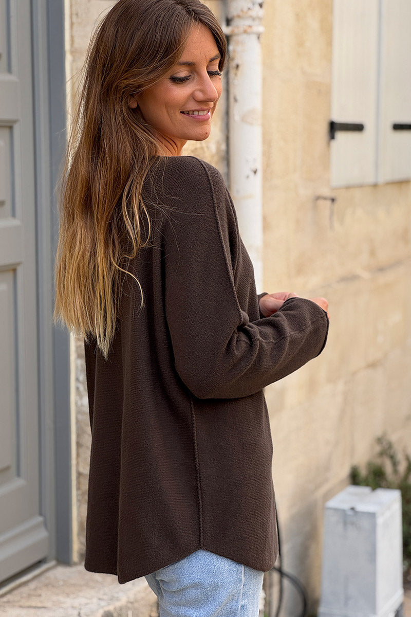 Pull moelleux tout doux marron chocolat col v