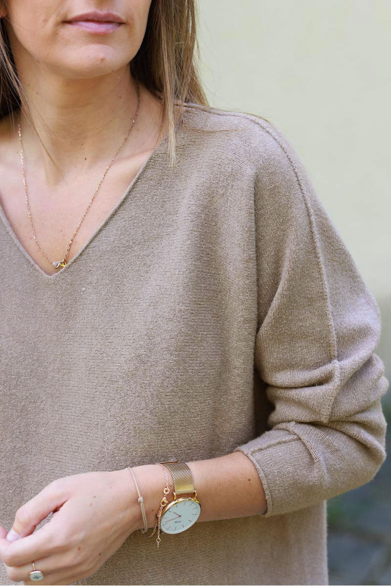 Pull moelleux tout doux taupe col v