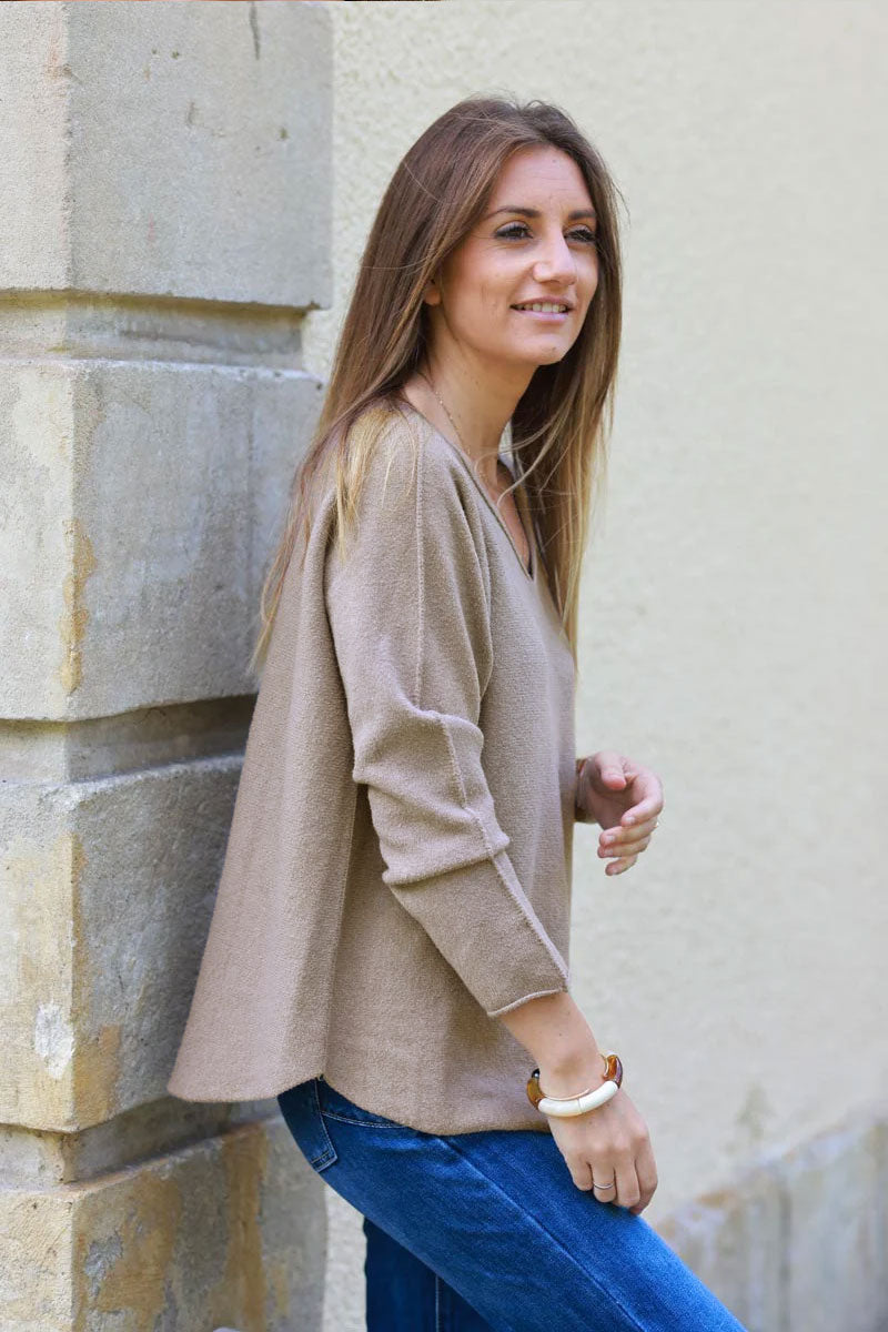 Pull moelleux tout doux taupe col v