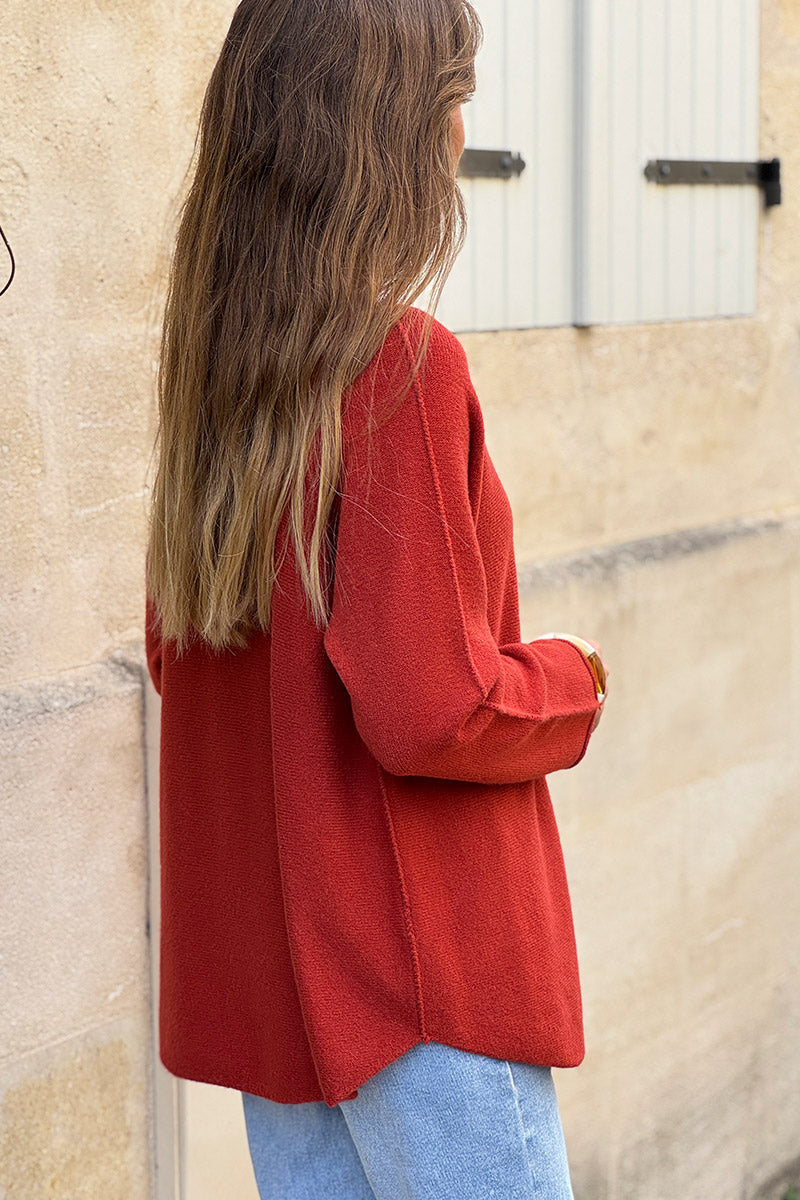 Pull moelleux tout doux terracotta col v
