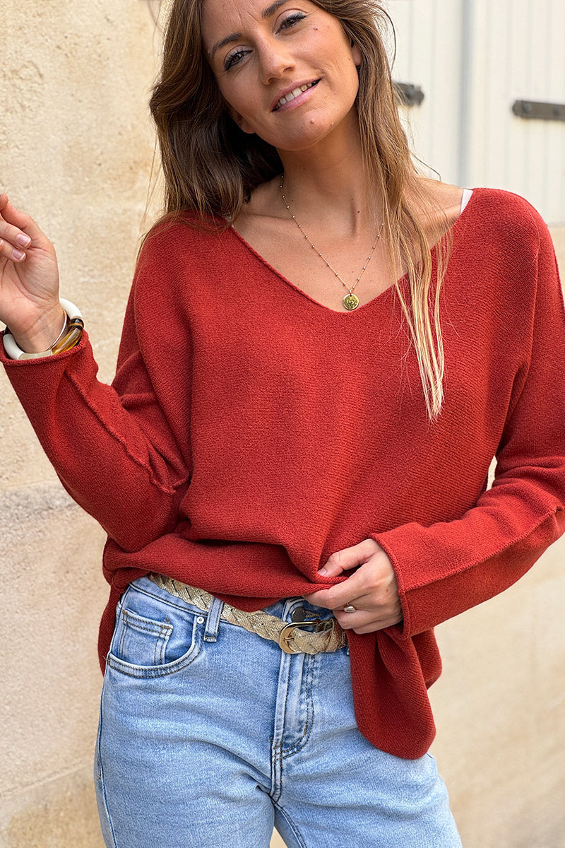 Pull moelleux tout doux terracotta col v