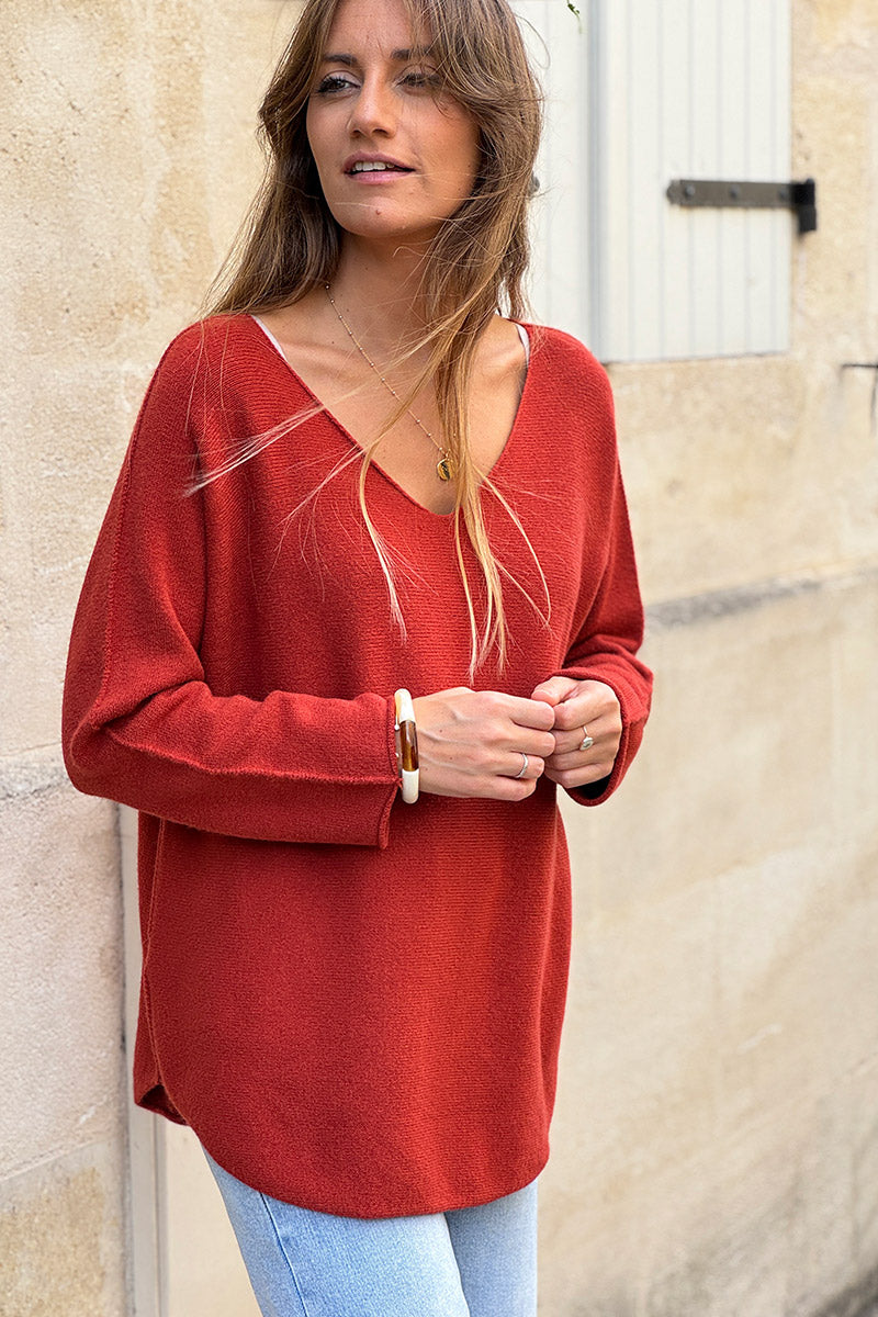 Pull moelleux tout doux terracotta col v