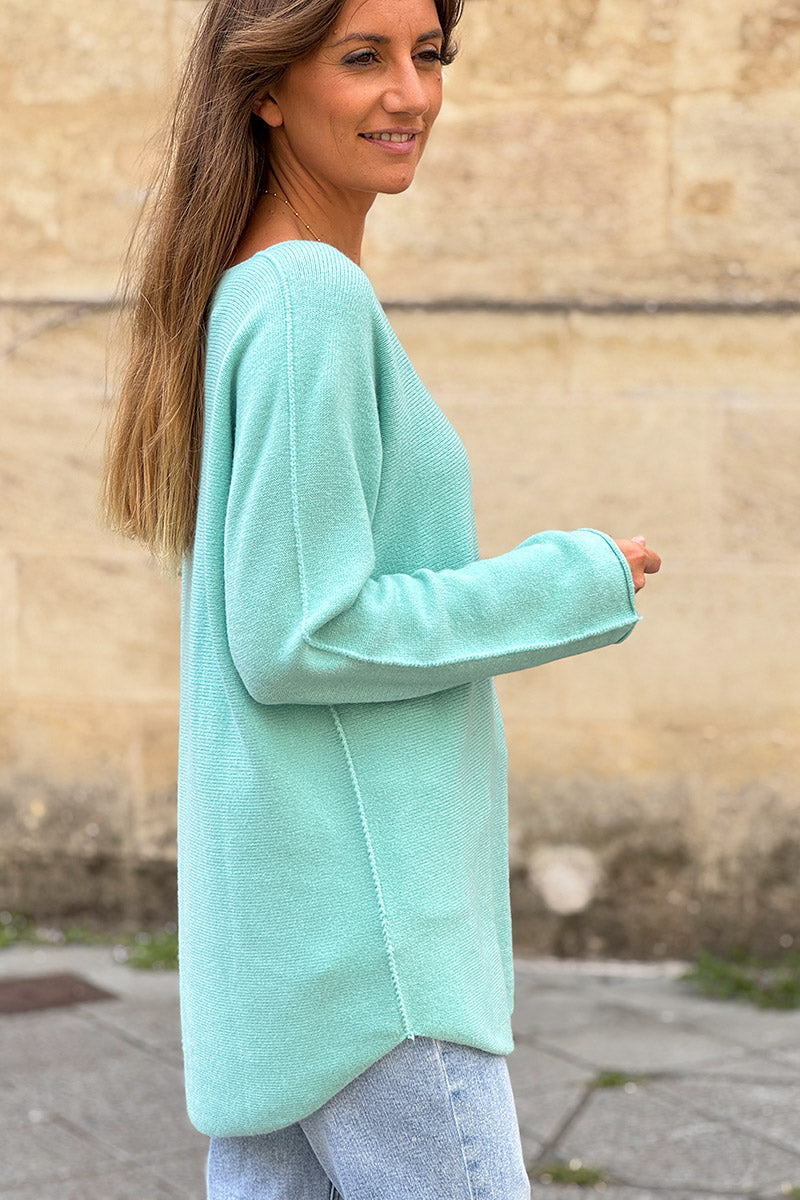 Pull moelleux tout doux turquoise col v