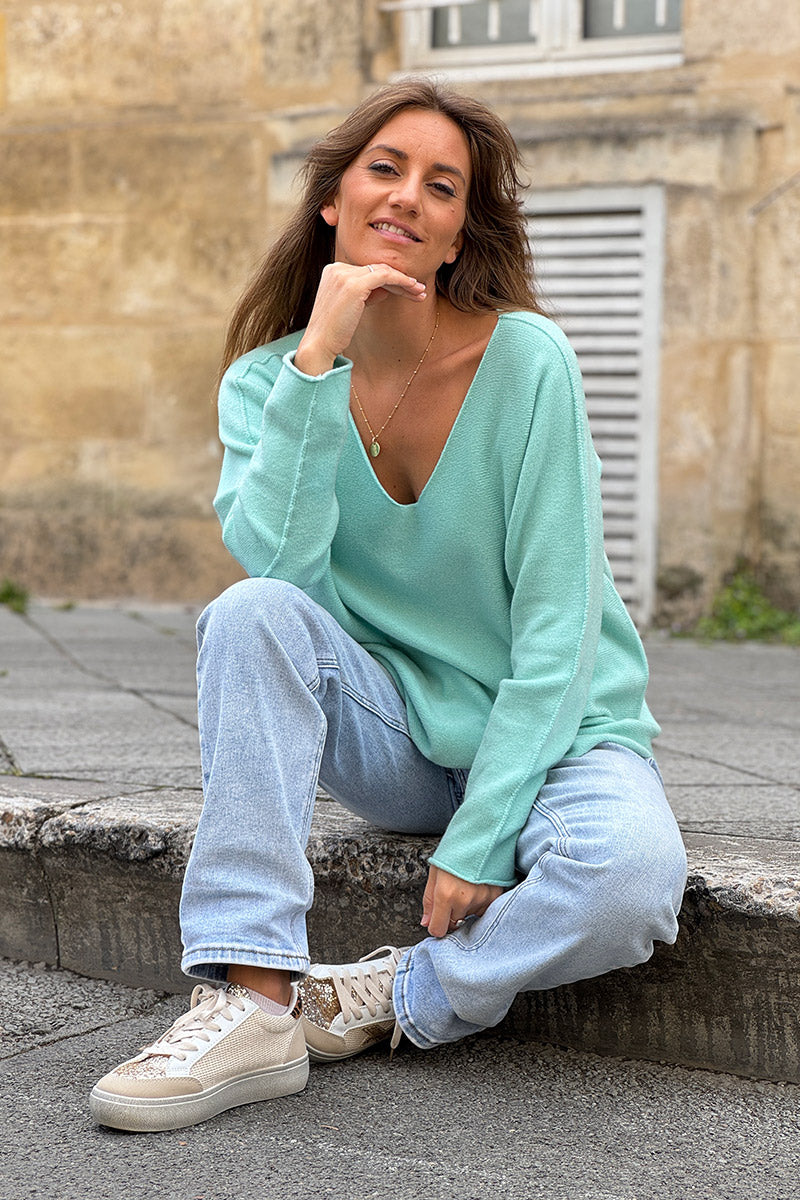 Pull moelleux tout doux turquoise col v