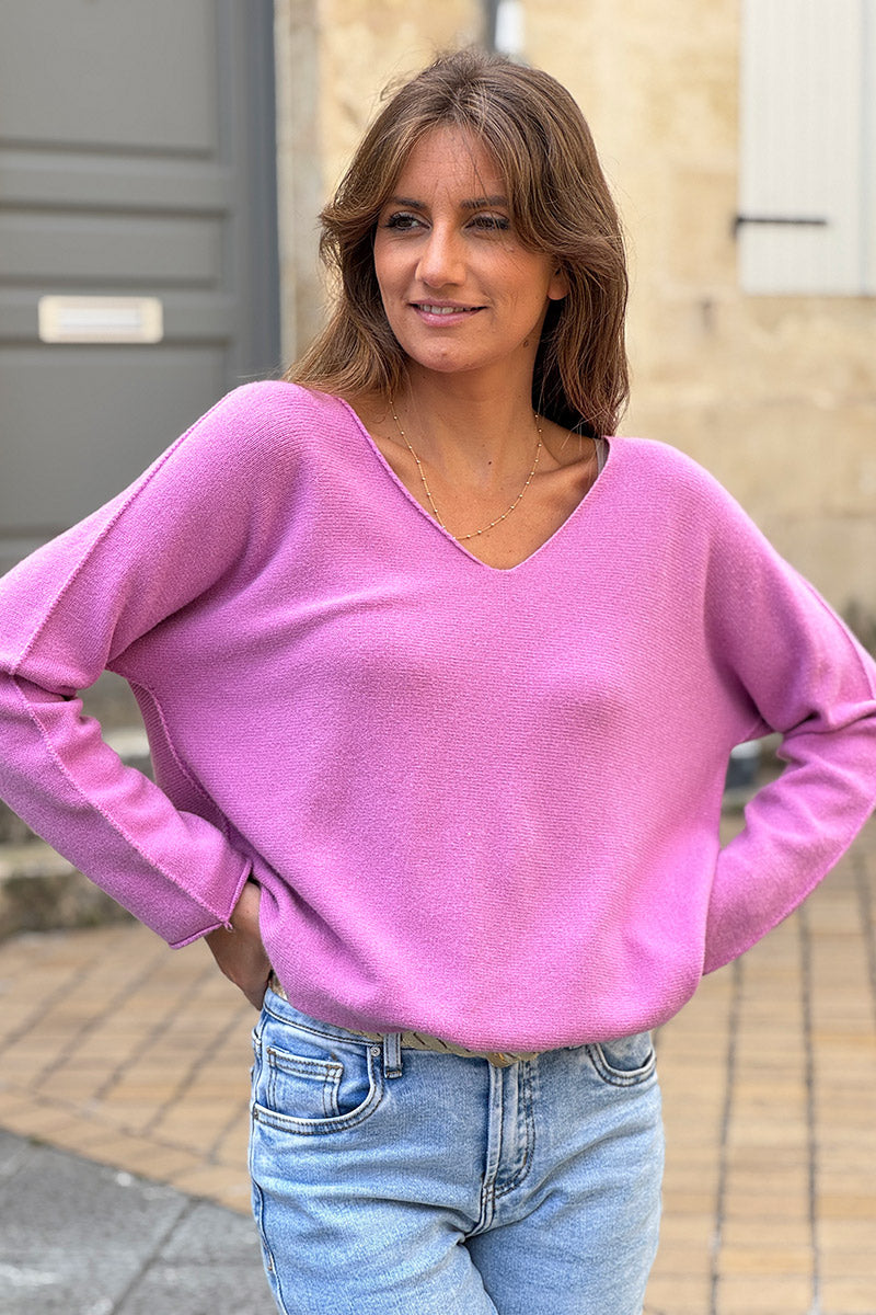 Pull moelleux tout doux vieux rose col v