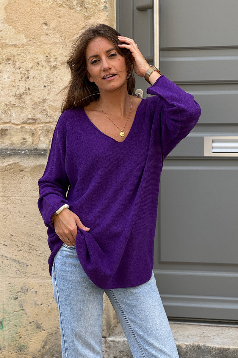 Pull moelleux tout doux violet col v