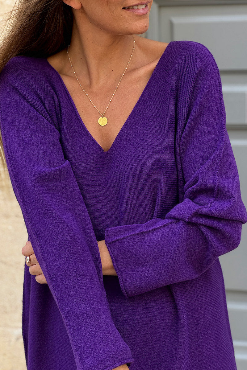 Pull moelleux tout doux violet col v