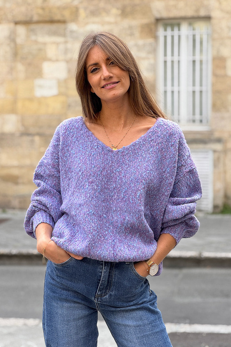 Pull moelleux violet en maille chinée col v