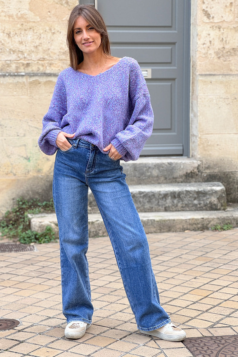 Pull moelleux violet en maille chinée col v