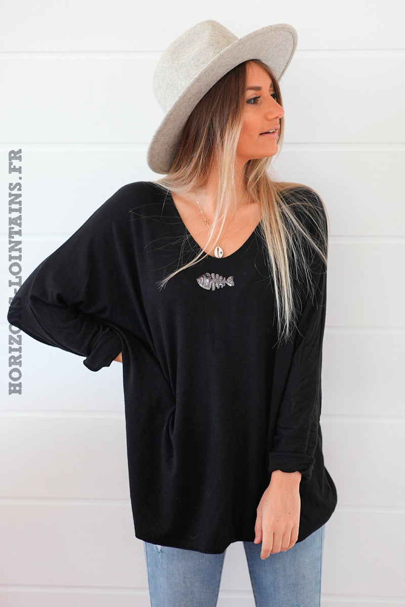 Black v-neck sequin fishbone sweater