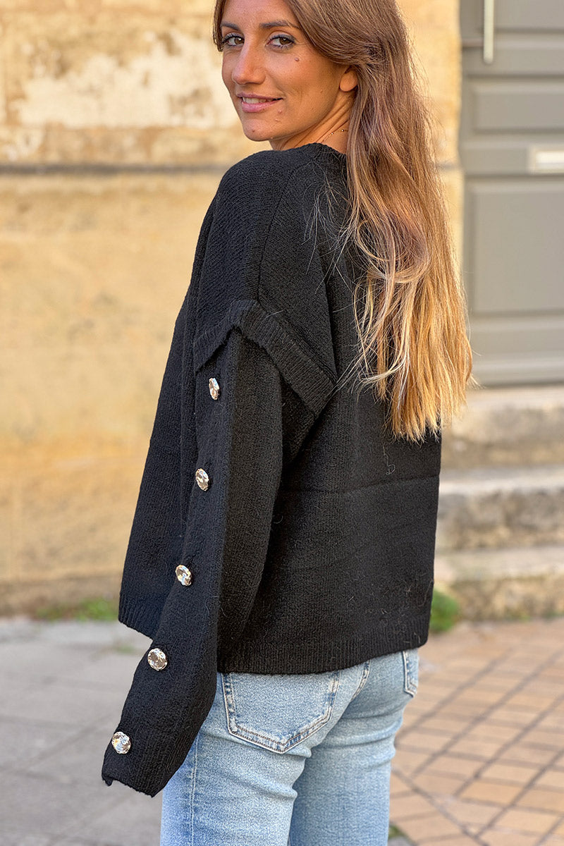 Black Wool Blend Button-Sleeve Sweater