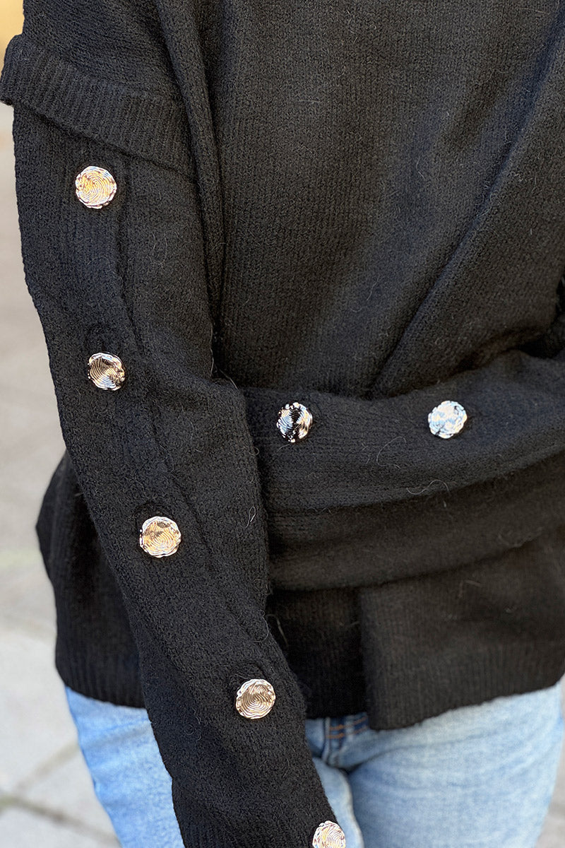 Black Wool Blend Button-Sleeve Sweater