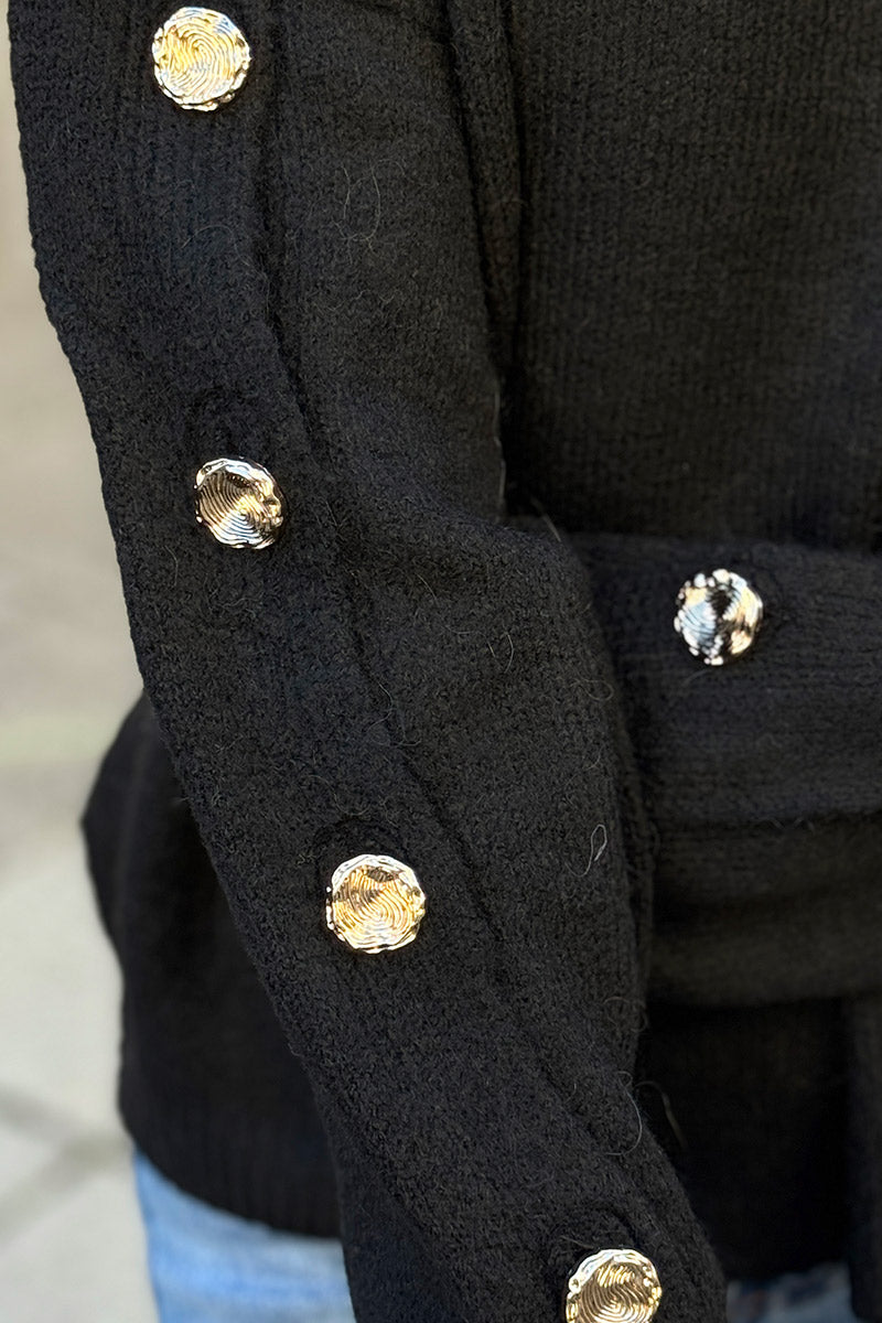 Black Wool Blend Button-Sleeve Sweater
