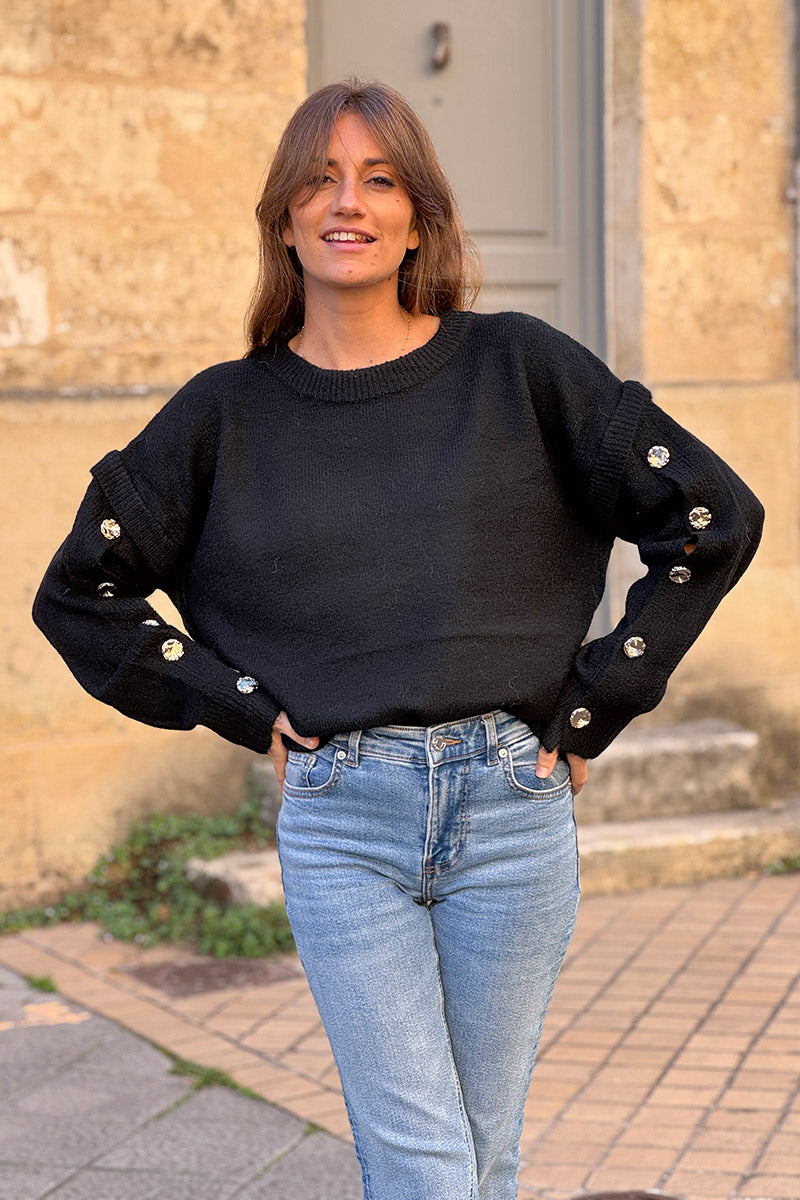 Black Wool Blend Button-Sleeve Sweater