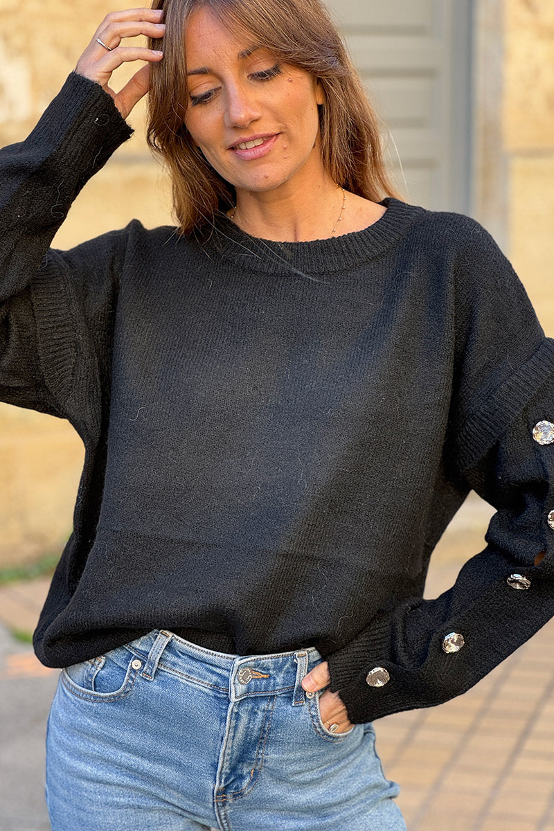 Black Wool Blend Button-Sleeve Sweater