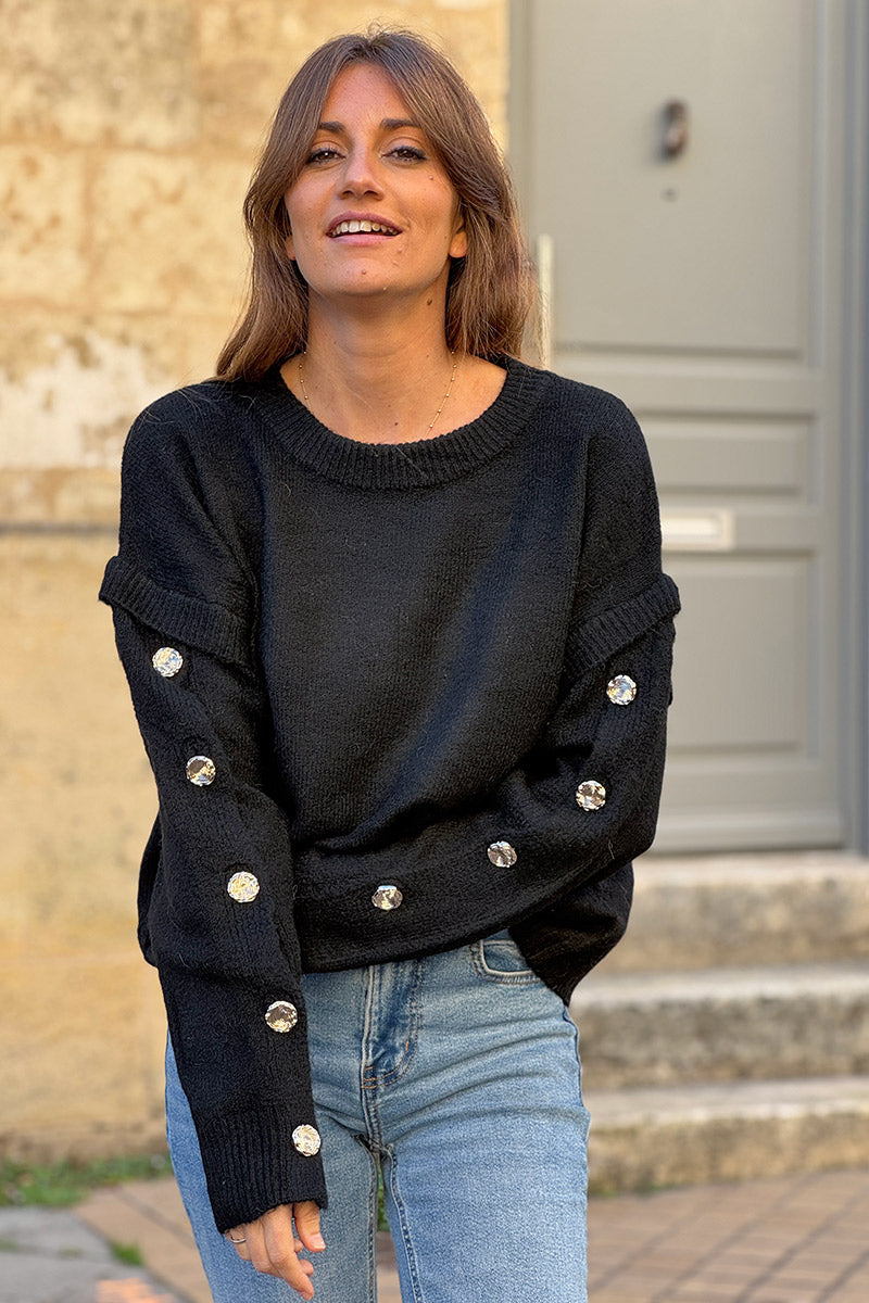 Black Wool Blend Button-Sleeve Sweater