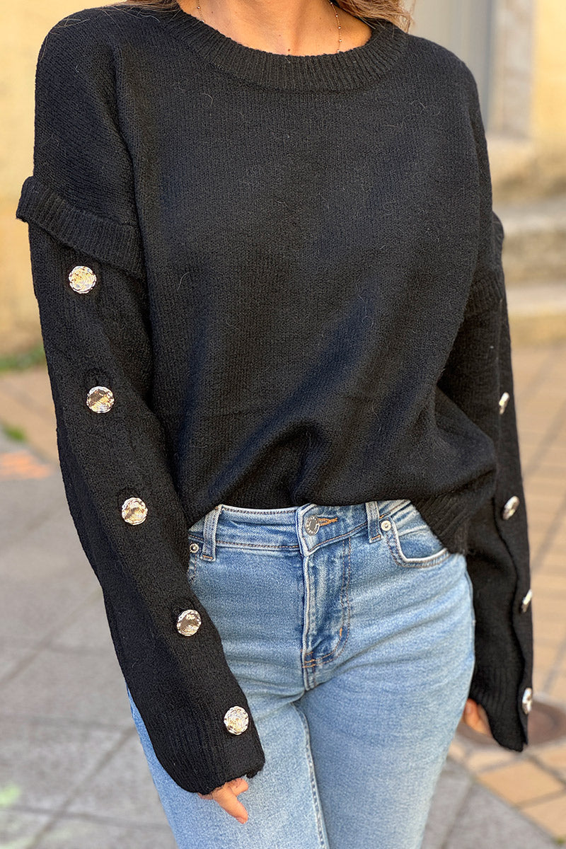 Black Wool Blend Button-Sleeve Sweater
