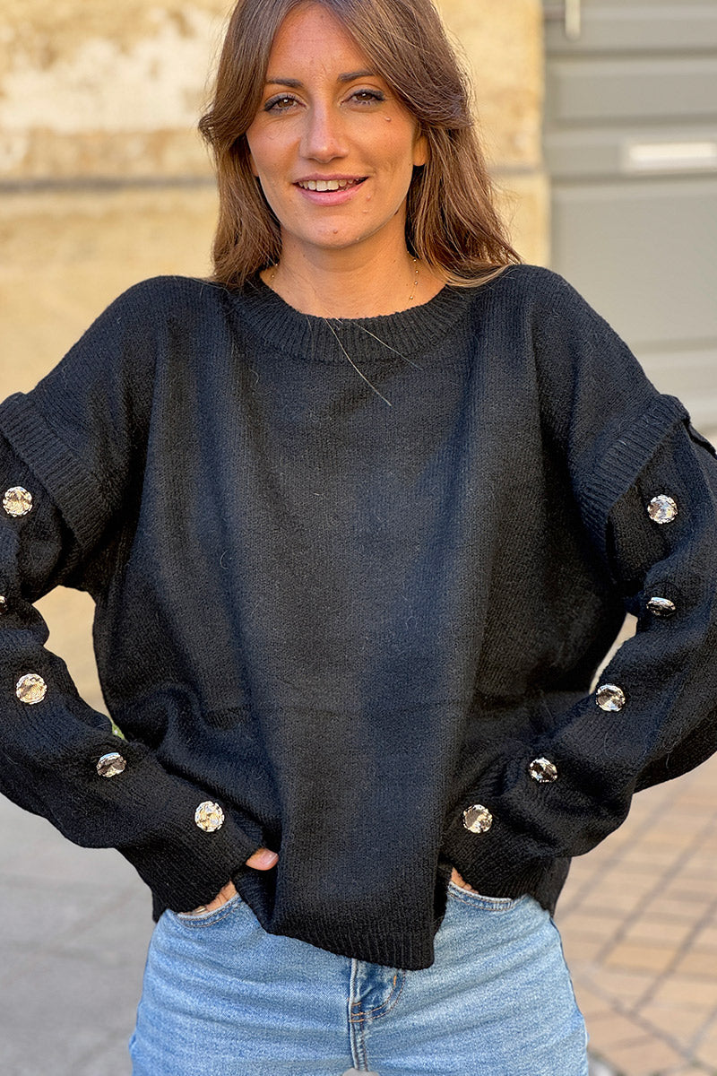 Black Wool Blend Button-Sleeve Sweater