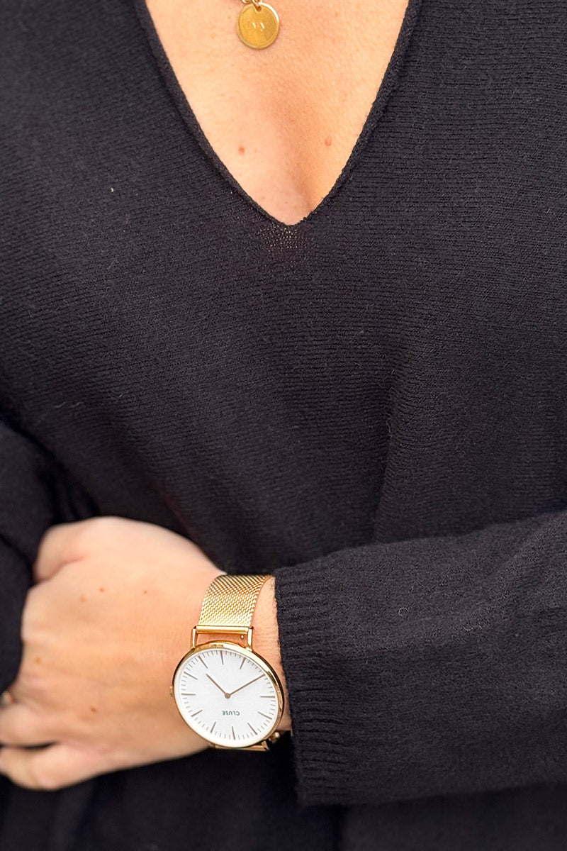 Pull noir large oversize tout doux col v