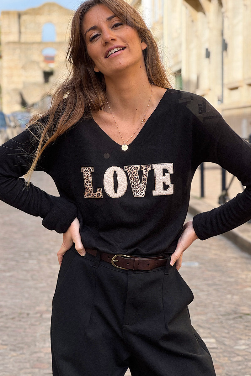 Black LOVE Leopard Applique V-Neck Long-Sleeve Tee