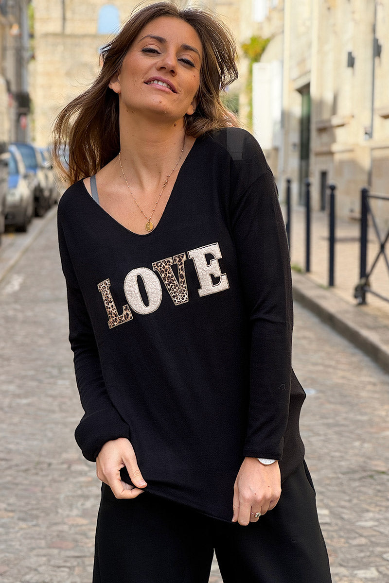 Black LOVE Leopard Applique V-Neck Long-Sleeve Tee